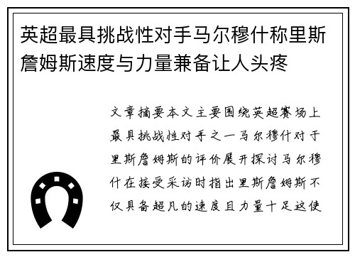 英超最具挑战性对手马尔穆什称里斯詹姆斯速度与力量兼备让人头疼