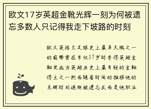 欧文17岁英超金靴光辉一刻为何被遗忘多数人只记得我走下坡路的时刻