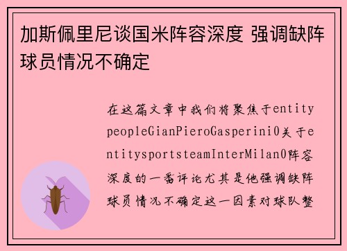 加斯佩里尼谈国米阵容深度 强调缺阵球员情况不确定